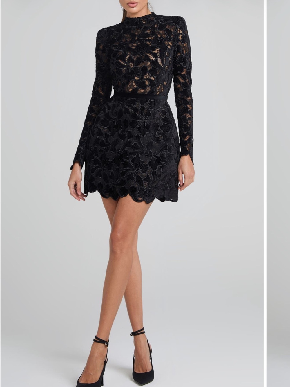 NWT Merabi Black Lace Long-Sleeve Mini Dress 12